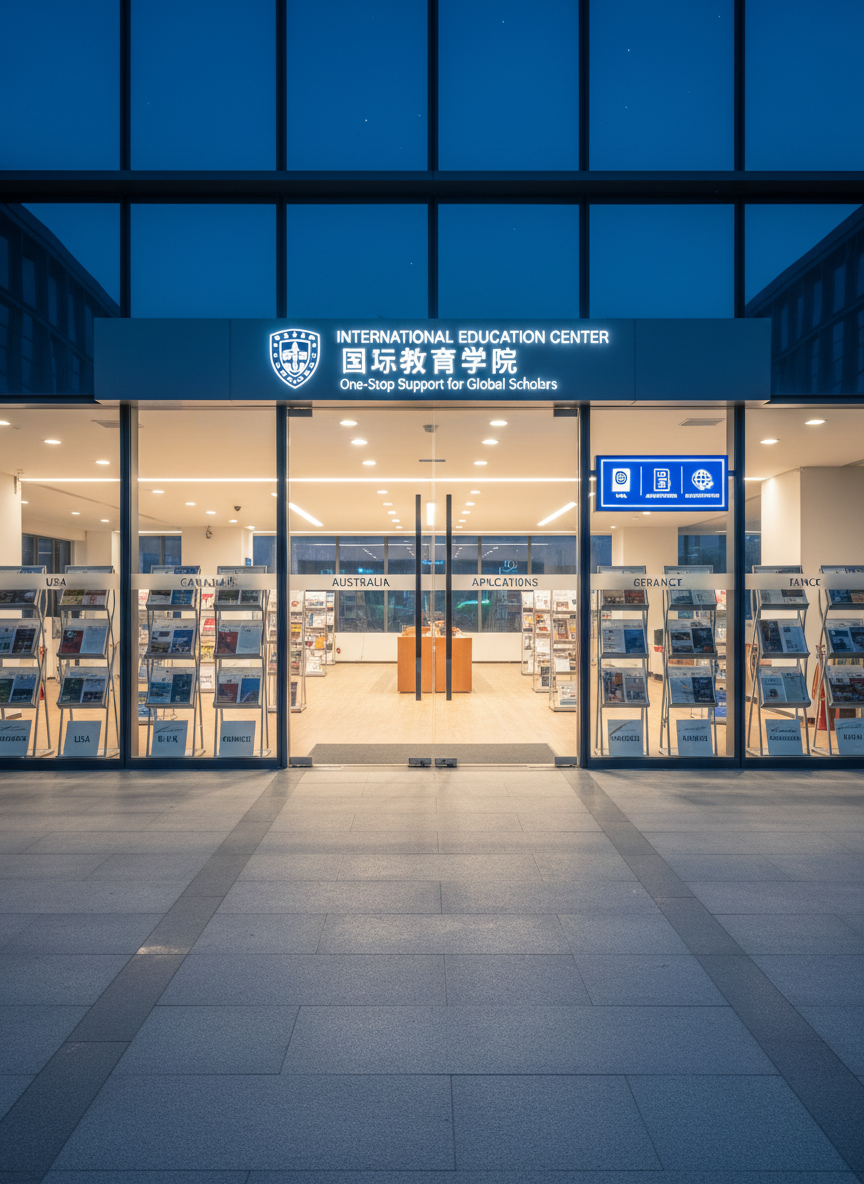 A tranquil evening scene outside a Chinese university international student office building, completely empty of people, featuring a glass entrance door with bilingual signage reading “International Education Center” and “国际教育学院”. Inside, through the glass, neat rows of brochure racks labeled with countries and programs are visible. Warm indoor lighting spills onto a smooth stone walkway, contrasting with the cool blue of the early night sky. A small illuminated sign near the door displays visa and application icons, symbolizing one-stop support. Photographic realism, eye-level composition with leading lines from the pavement toward the entrance, creating a sense of invitation and trust, with balanced warm and cool tones for a professional yet welcoming mood.