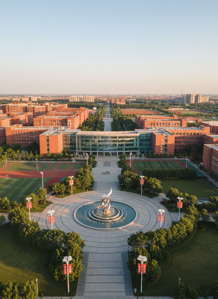 An expansive bird’s eye view of a contemporary Chinese university campus, completely devoid of people, featuring tree-lined walkways, red-brick academic buildings with glass facades, and a central circular plaza with a sculptural fountain. Banners in Chinese promoting “来华留学” hang from lamp posts, clearly visible yet tastefully integrated. The scene is lit by soft golden hour sunlight, creating long, gentle shadows across manicured lawns and sports fields. The sky is clear and pale blue, adding openness and optimism. Photographic realism, wide-angle composition with crisp detail throughout, vibrant but natural colors, and an uplifting, aspirational atmosphere ideal for showcasing the destination environment for international study.