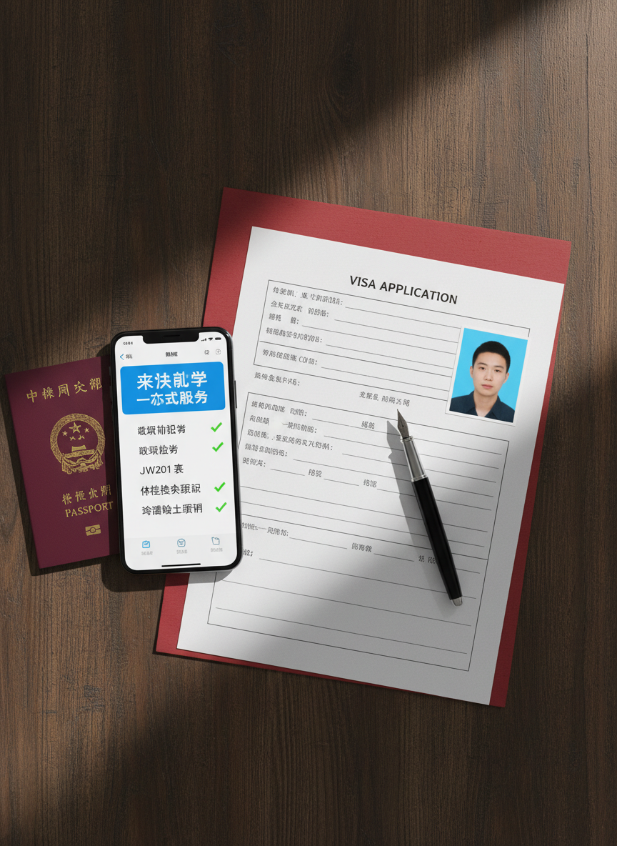 A close-up, photographic-real still life of essential study-in-China application documents laid out on a dark walnut table: a red Chinese visa application form partially filled in, a biometric photo resting on the corner, a sleek black fountain pen, and a maroon passport with embossed gold emblem. Beside them lies a smartphone displaying a bilingual checklist titled “来华留学 一站式服务”, with green checkmarks next to items like “录取通知书” and “JW201 表”. Overhead, soft diffused daylight from a nearby window highlights the paper textures and glossy ink while casting subtle shadows. Shot from directly above for a clean, organized composition, with a calm, professional mood and rich, contrasting tones.